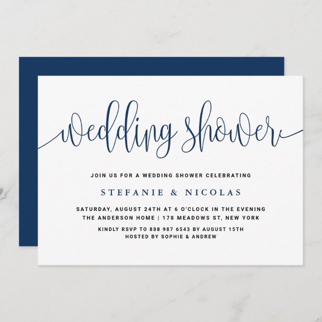 Blue Pretty Calligraphy Wedding Shower Invitation (Front/Back)