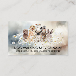 Blue Pretty Dogs in Daisies Watercolor Background Business Card