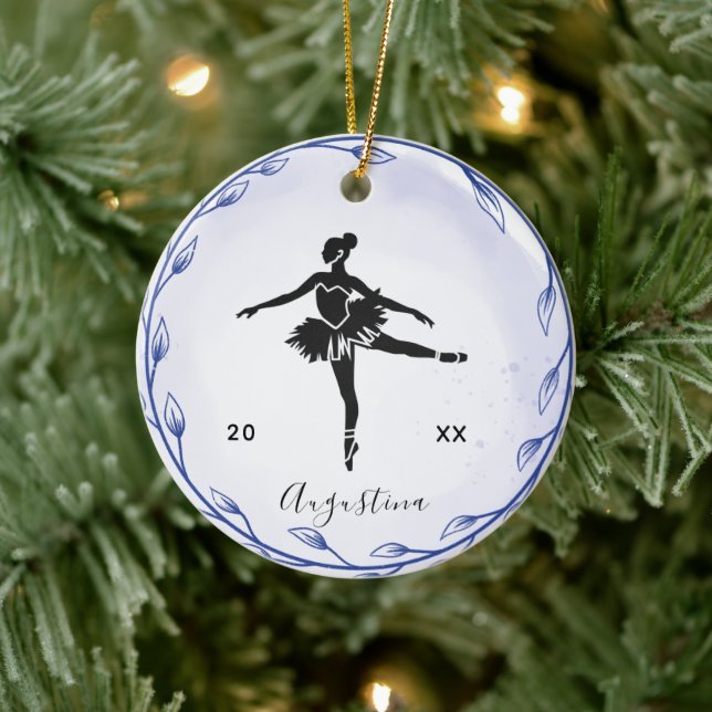 Blue Prima Ballerina Silhouette Name & Year Cute Ceramic Ornament (Tree)
