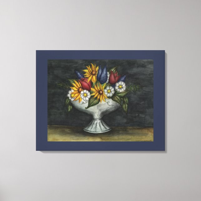Blue Primitive Folk Art Floral Canvas Art Print (Front)