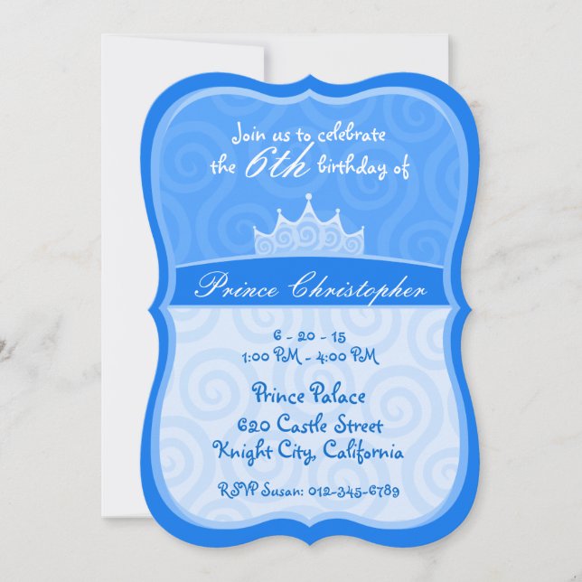 Blue Prince Crown Spirals Birthday Invitation (Front)