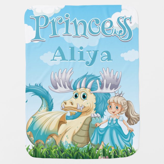 Blue Princess and Dragon Custom Name Baby Blanket (Front)