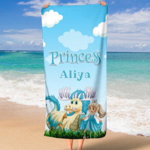 Blue Princess and Dragon Custom Name Beach Towel