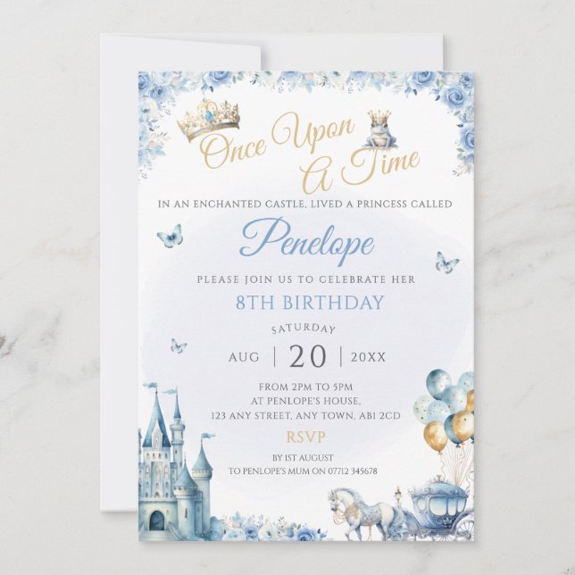 Blue Princess Birthday Party Invite Fairy Tale (Front)