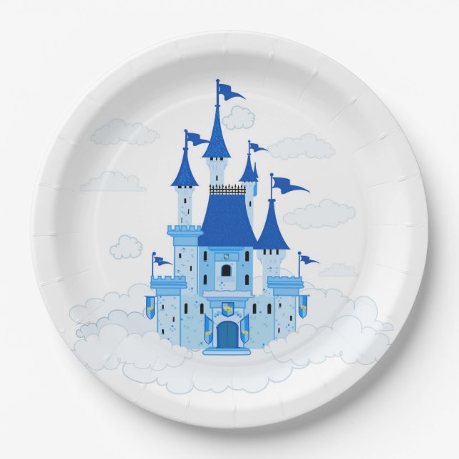 Blue Princess Castle Personalized Girly Paper Plates (Front)