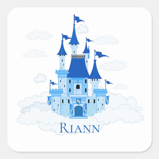 Blue Princess Castle Personalized Girly Square Sticker (Front)