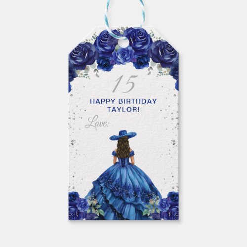Blue Princess Charro Quinceaera Happy Birthday Gift Tags