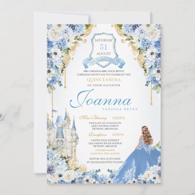 Blue Princess Cinderella Royal Quinceanera v6 Invitation (Front)
