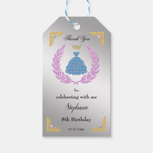 Blue Princess Dress Silver Gold  Pearls Gift Tags