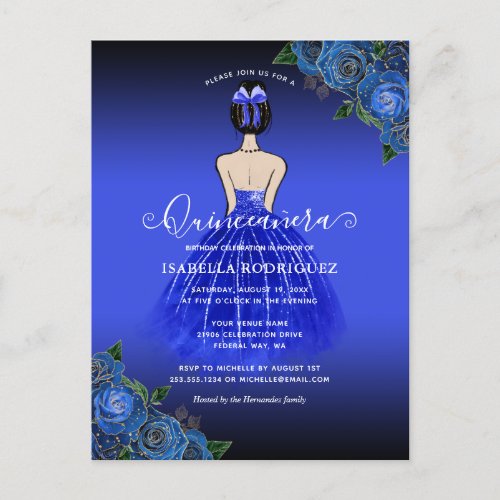 Blue Princess Gold Birthday Quinceaera Invitation Postcard