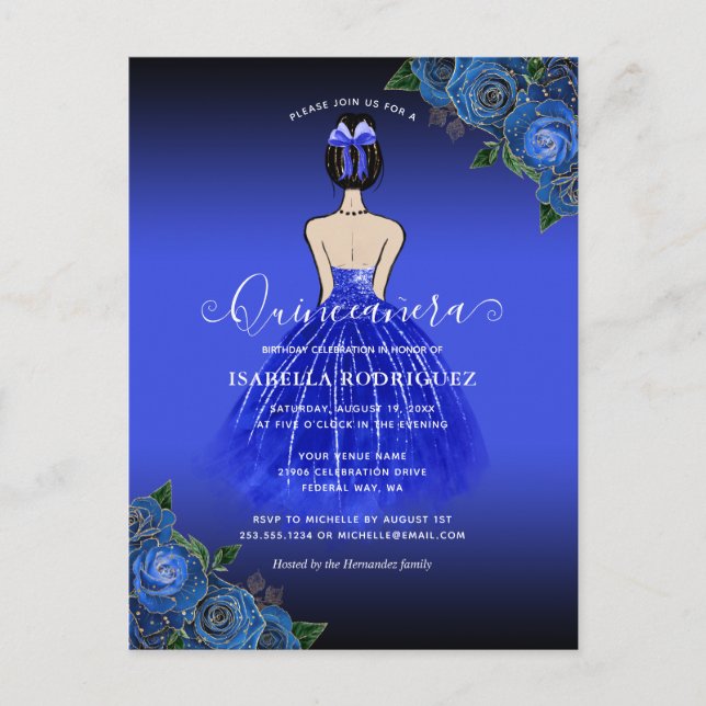 Blue Princess Gold Birthday Quinceañera Invitation Postcard (Front)