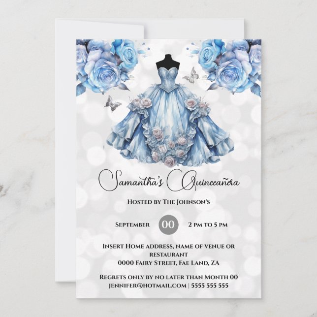 Blue princess Quinceañera fantasy ballgown roses Invitation (Front)