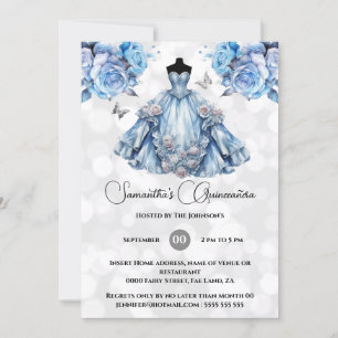 Blue princess Quinceañera fantasy ballgown roses Invitation