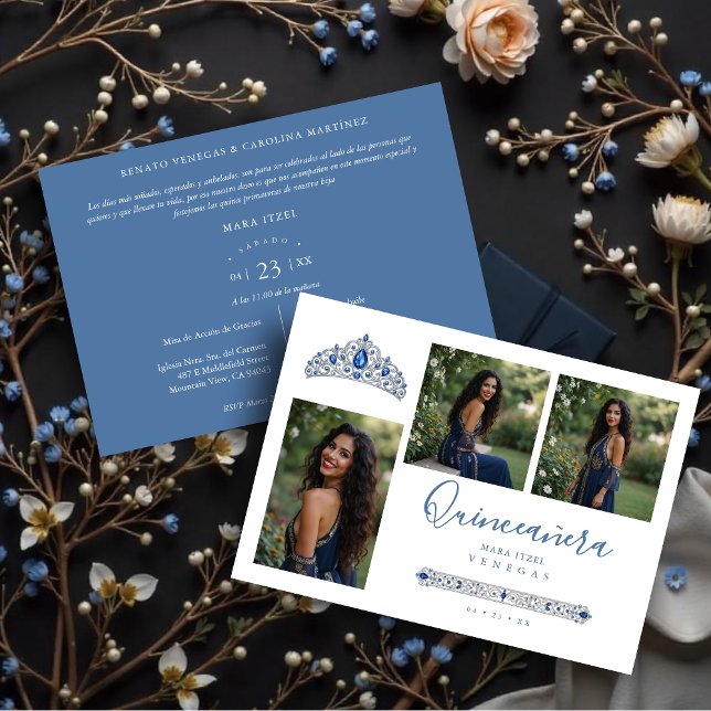 Blue Princess Quinceañera Tiara 3-Photos Spanish Invitation (Sophisticated Blue Princess Quinceañera Tiara 3-Photos Invitation Cards in Spanish.)