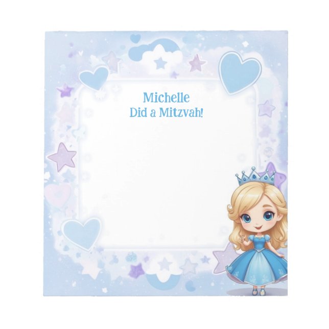 Blue Princess Theme Blonde Personalized Mitzvah Notepad (Front)