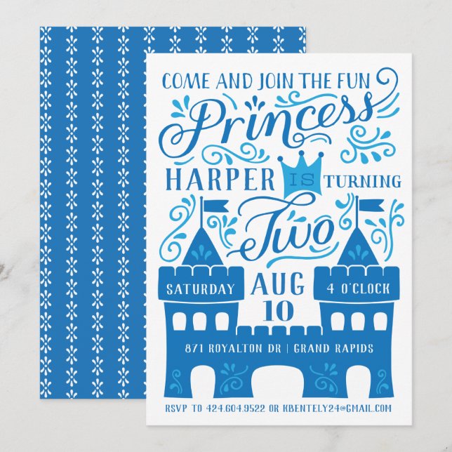 Blue Princess Winter Second Birthday Party Invitation (Front/Back)