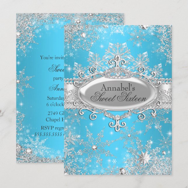 Blue Princess Winter Wonderland Sweet 16 Invite (Front/Back)