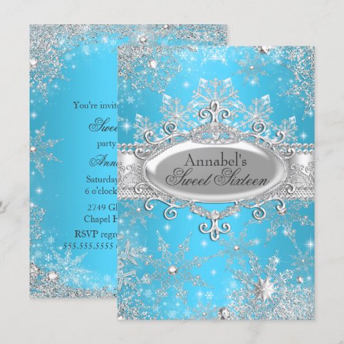 Blue Princess Winter Wonderland Sweet 16 Invite