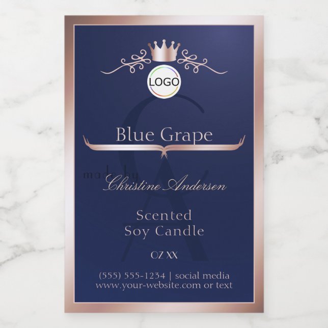 Blue Product Label Rose Gold Frame Logo Monogram (Single Label)