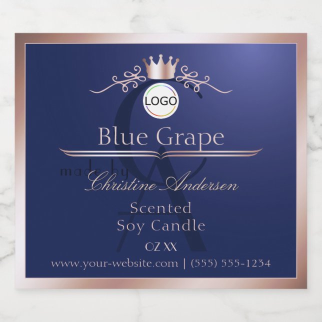 Blue Product Label Rose Gold Frame Logo Monogram (Single Label)