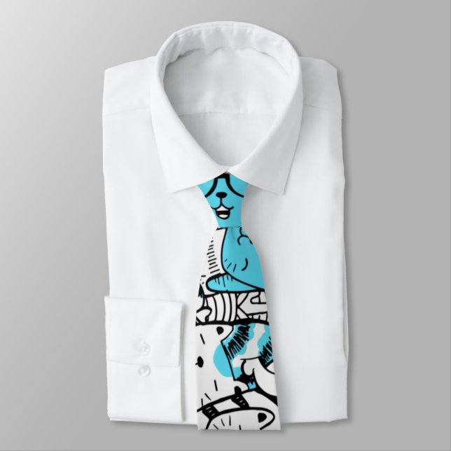 Blue Psychedelic Cat Kitten Illustration Abstract  Neck Tie (Tied)