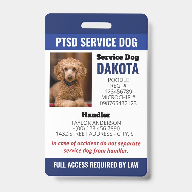 Blue PTSD Service Dog Logo QR Code Photo ID Badge (Front)