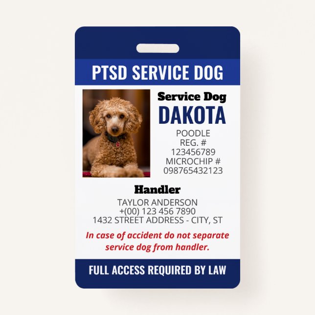 Blue PTSD Service Dog Logo QR Code Photo ID Badge (Front)