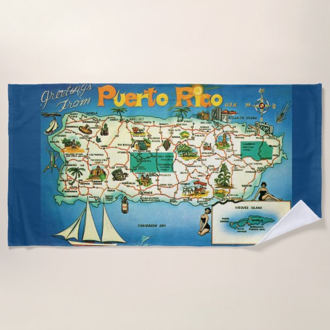 Blue Puerto Rico Greetings Beach Towel (Front)