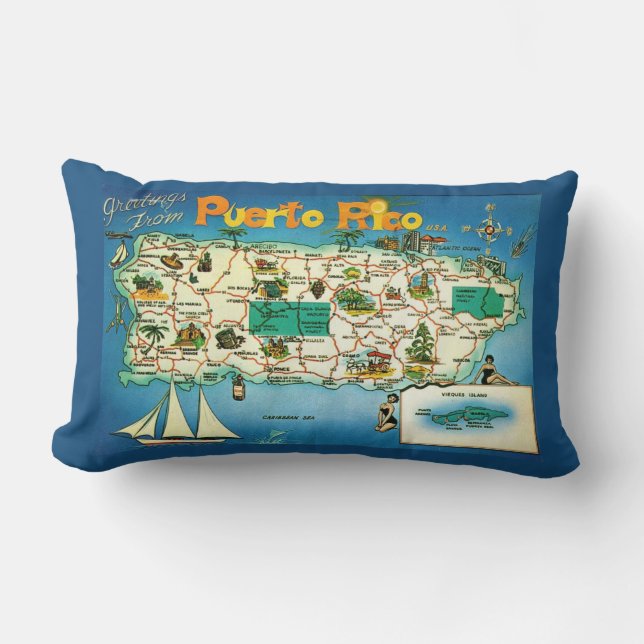 Blue Puerto Rico Greetings Throw Pillow (Front)