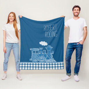 Blue puffing steam train whimsy graphic fleece blanket