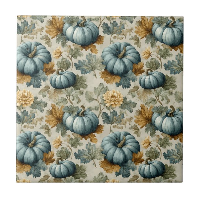 Blue Pumpkin and Autumn Leaves Fall Pattern Ceramic Tile (Front)