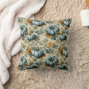 Blue Pumpkin and Autumn Leaves Fall Pattern Throw Pillow