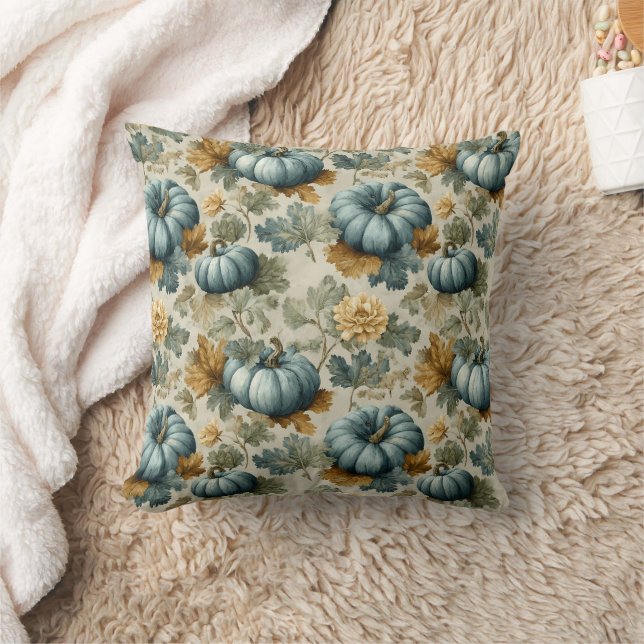 Blue Pumpkin and Autumn Leaves Fall Pattern Throw Pillow (Blanket)