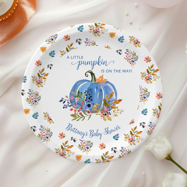 Blue Pumpkin Autumn Whimsical Baby Shower Paper Plates (Creator Uploaded)