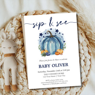 Blue Pumpkin Baby Boy Fall Sip And See Meet Greet Invitation