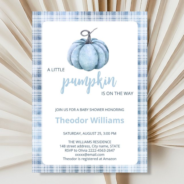 Blue Pumpkin Baby Shower Invitation | Fall theme (Little pumpkin minimalistic autumn fall blue boy baby shower invitation )