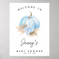 Blue Pumpkin Boho Floral Boys Baby Shower Welcome Poster