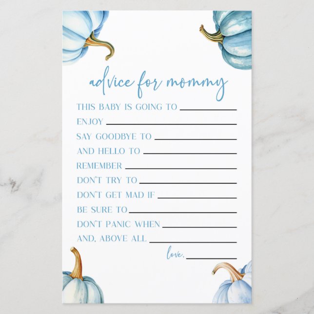 Blue Pumpkin Fall Advice Baby Shower Game Activity (Front)