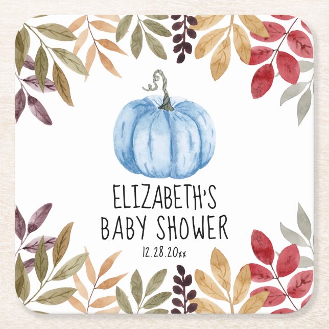 Blue Pumpkin Fall Baby Shower Square Paper Coaster (Front)