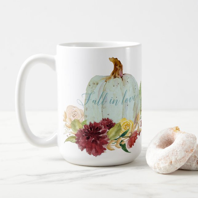 Blue Pumpkin Fall in Love Script Typography Floral Coffee Mug (With Donut)