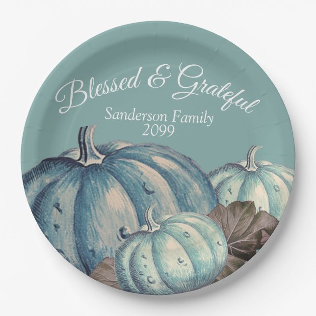  Blue Pumpkin Fall Party Grateful Blessed  Paper Plates (Front)