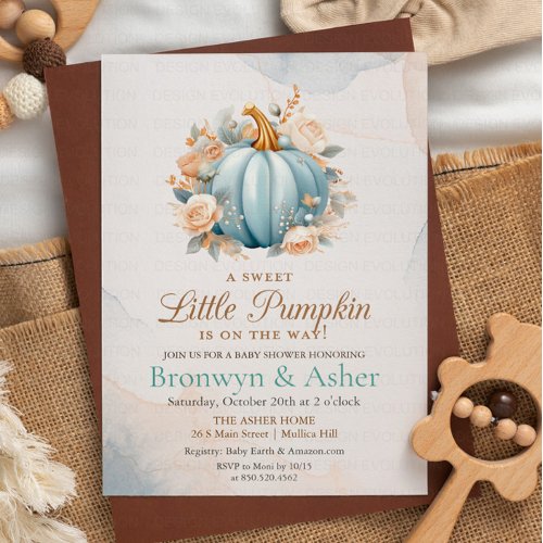 Blue Pumpkin Floral Baby Shower Invitation 