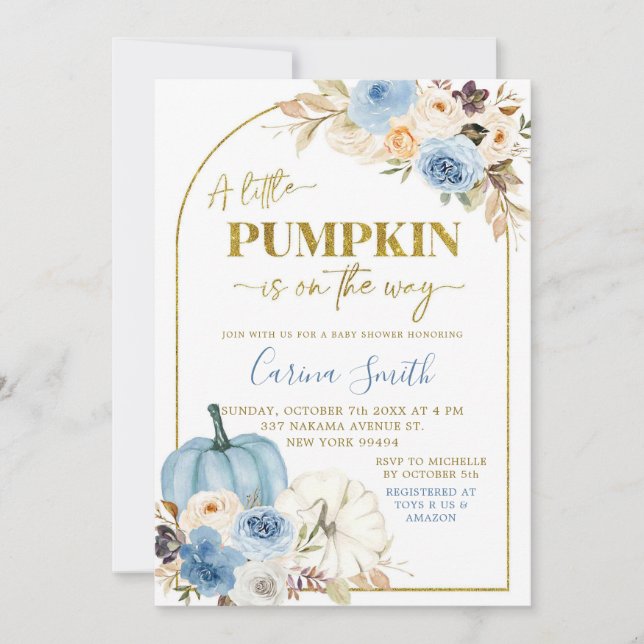 Blue Pumpkin Floral Fall Baby Shower Invitation (Front)