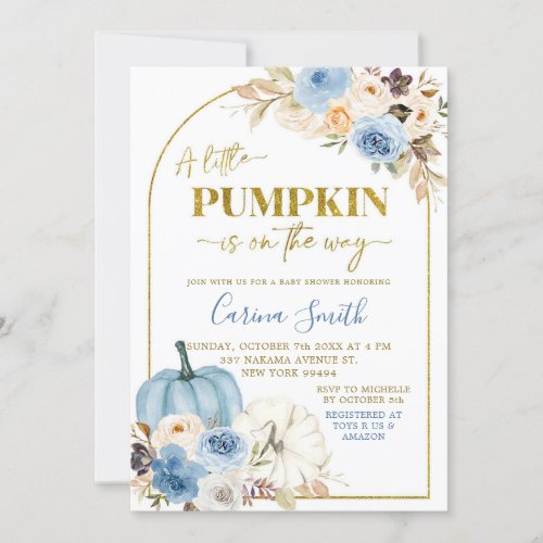 Blue Pumpkin Floral Fall Baby Shower Invitation