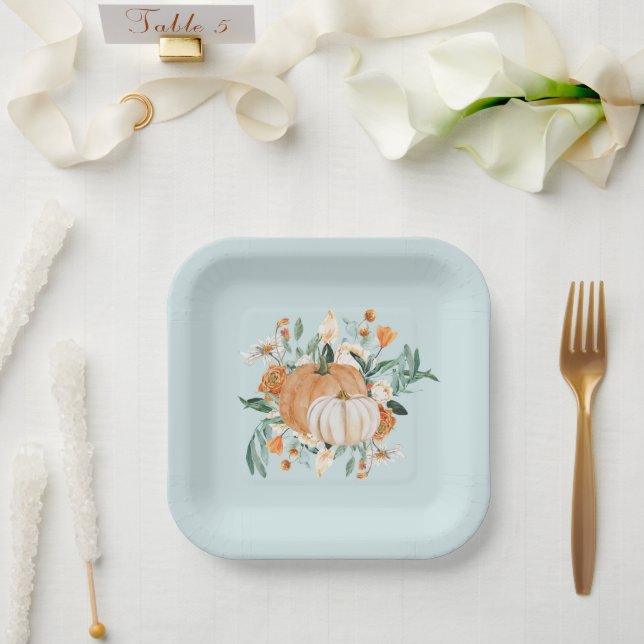 Blue Pumpkin Floral Fall Colors, Paper Plates (Wedding)