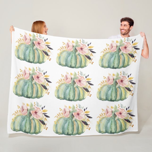 Blue pumpkin floral fall watercolor elegant autumn fleece blanket (In Situ)