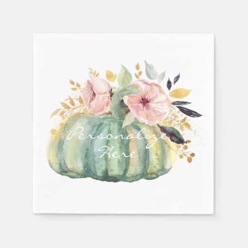 Blue pumpkin floral fall watercolor elegant autumn napkins