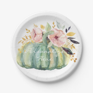 Blue pumpkin floral fall watercolor elegant autumn paper plates