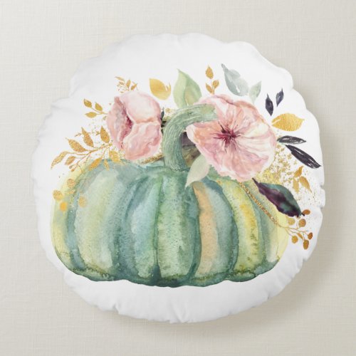 Blue pumpkin floral fall watercolor elegant autumn round pillow