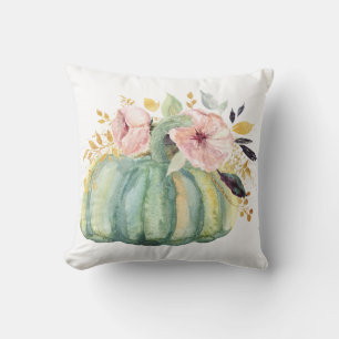Blue pumpkin floral fall watercolor elegant autumn throw pillow
